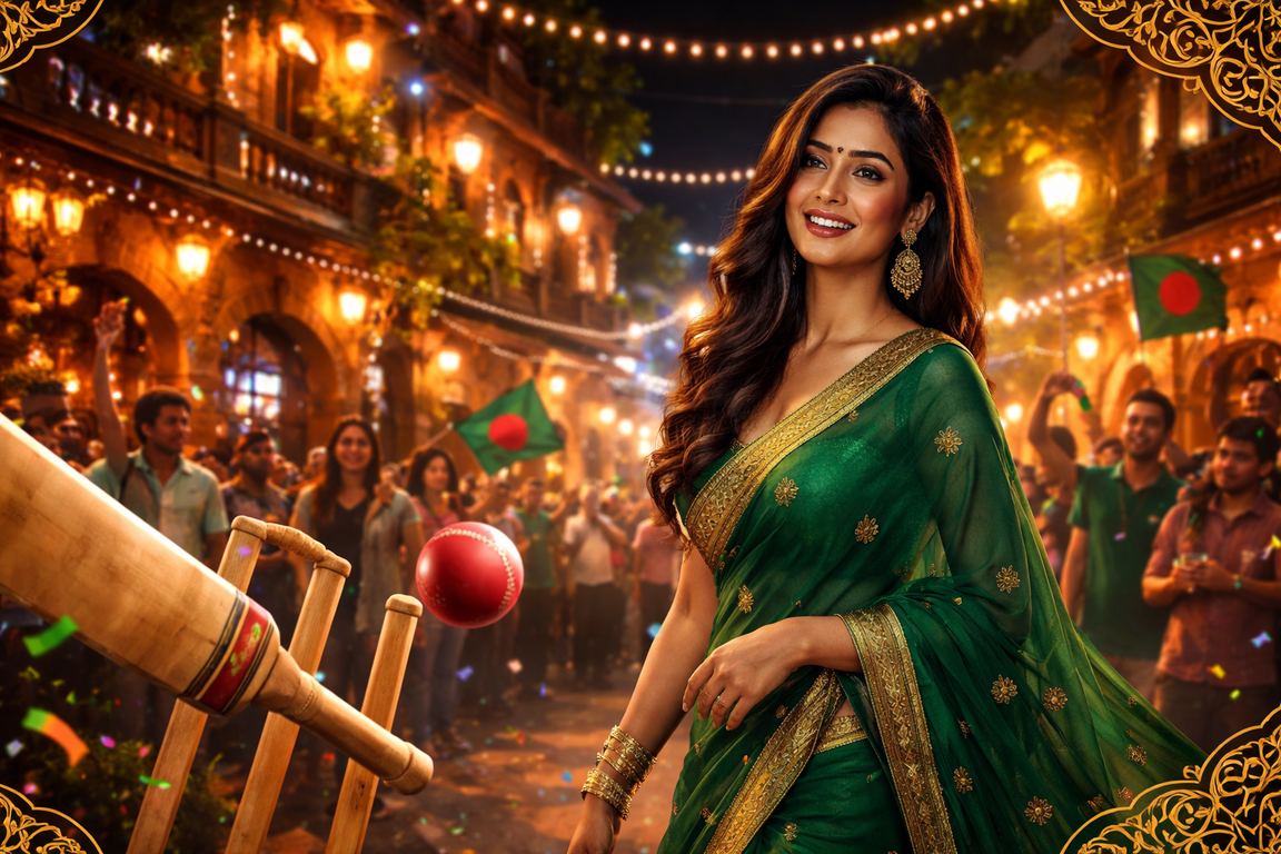 ঢাকায় শাড়ি পরিহিত নারী মোবাইলে ক্রিকেট বেটিং প্রোমোশন দেখছেন
